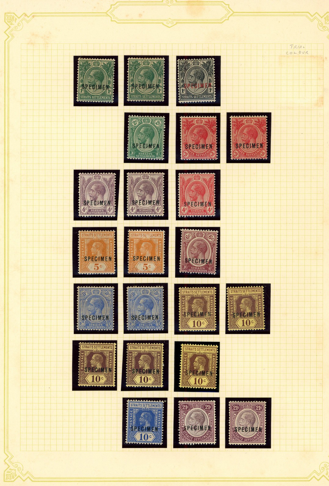 1912-23 watermark MCA set of nineteen overprinted SPECIMEN, also variants and duplicates [1c green. 3c, 4c purple, 5c, 8c,...