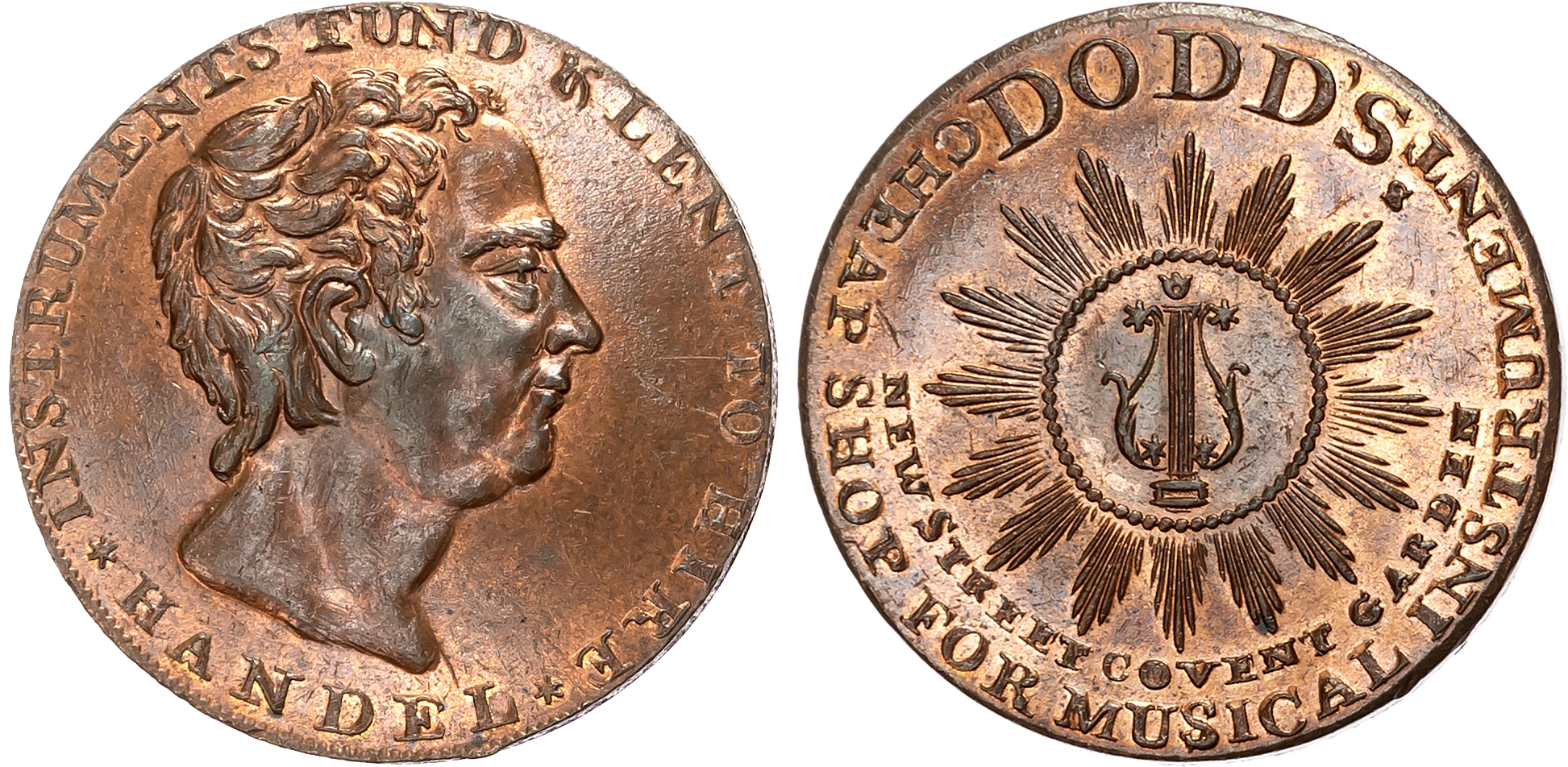 London , New St. Covent Garden , Thomas Dodd (musical instrument dealer) Halfpenny undated, Bust of Handel left, rev. Ly …