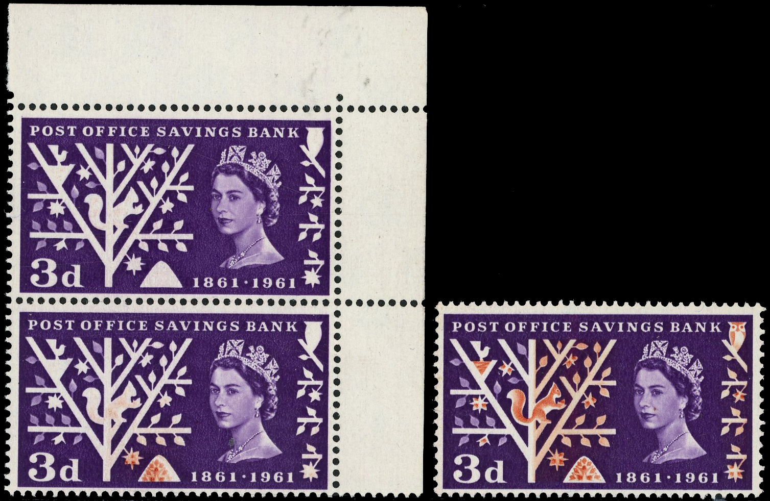 GB: 1961 3d Post Office Savings Bank, u/r marginal vertical pair, Timson printing, perforated through side margin,