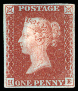 Great Britain 1841 1d Red brown Pl.11. Very fine unused four margin example lettered HE printed on Dickinson silk …