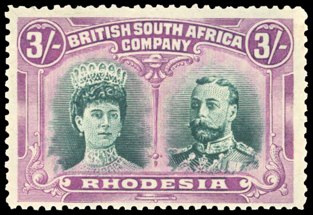 Rhodesia 1910-13 3s bright green and magenta perf 14
