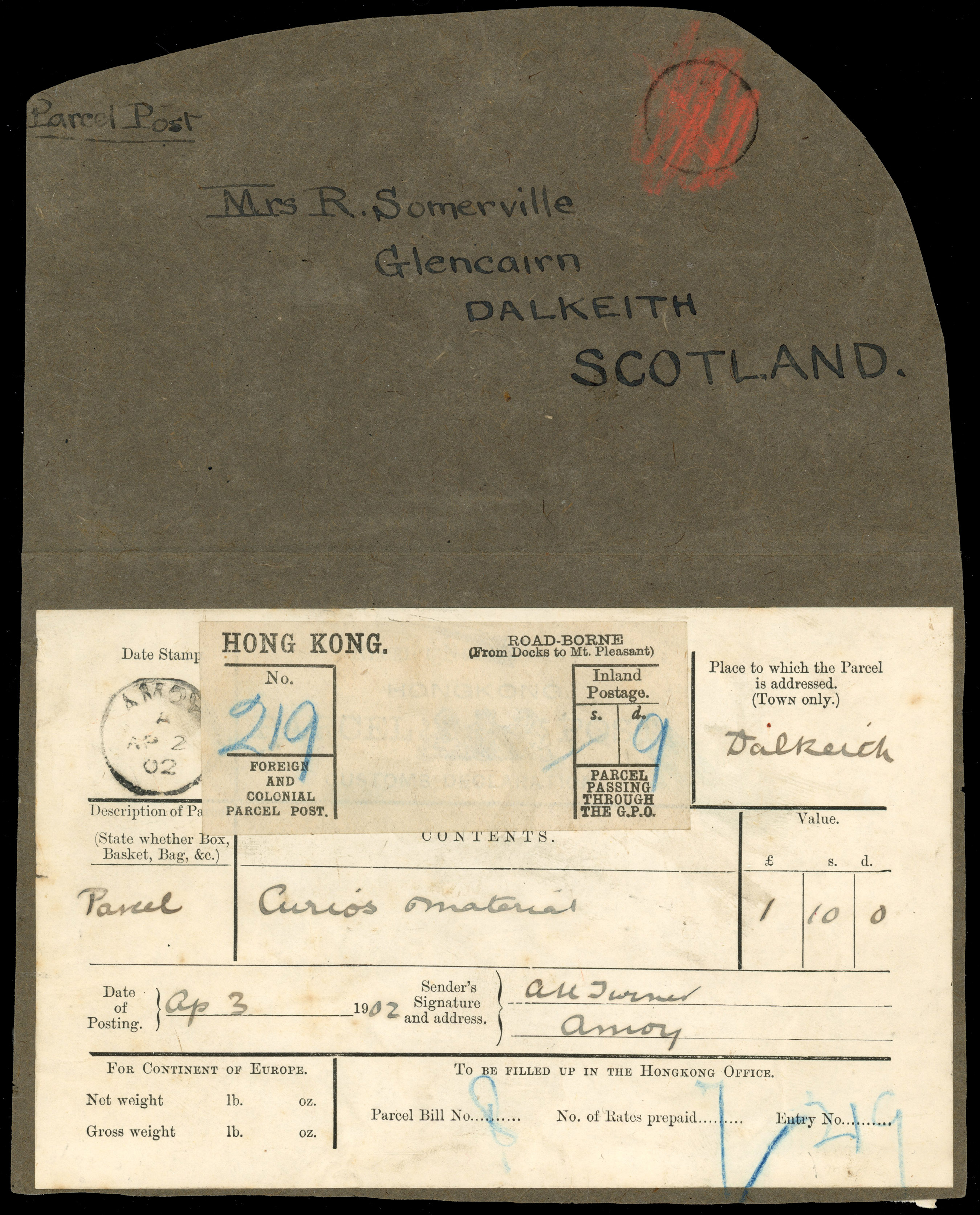 HONG KONG (Br PO's in China): 1902 part parcel wrapper addressed to Scotland with address panel folded under showing