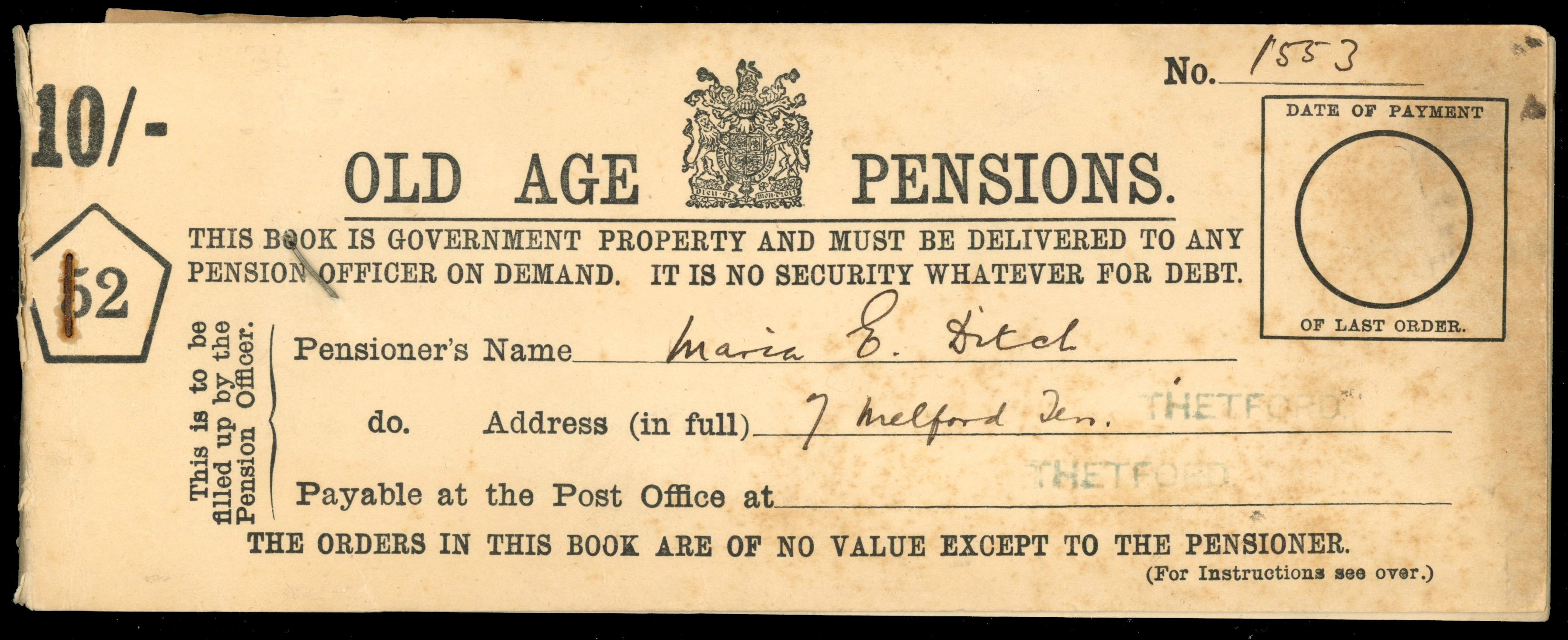 Old Age Pension order 36 unused postal orders in intact BOOKLET