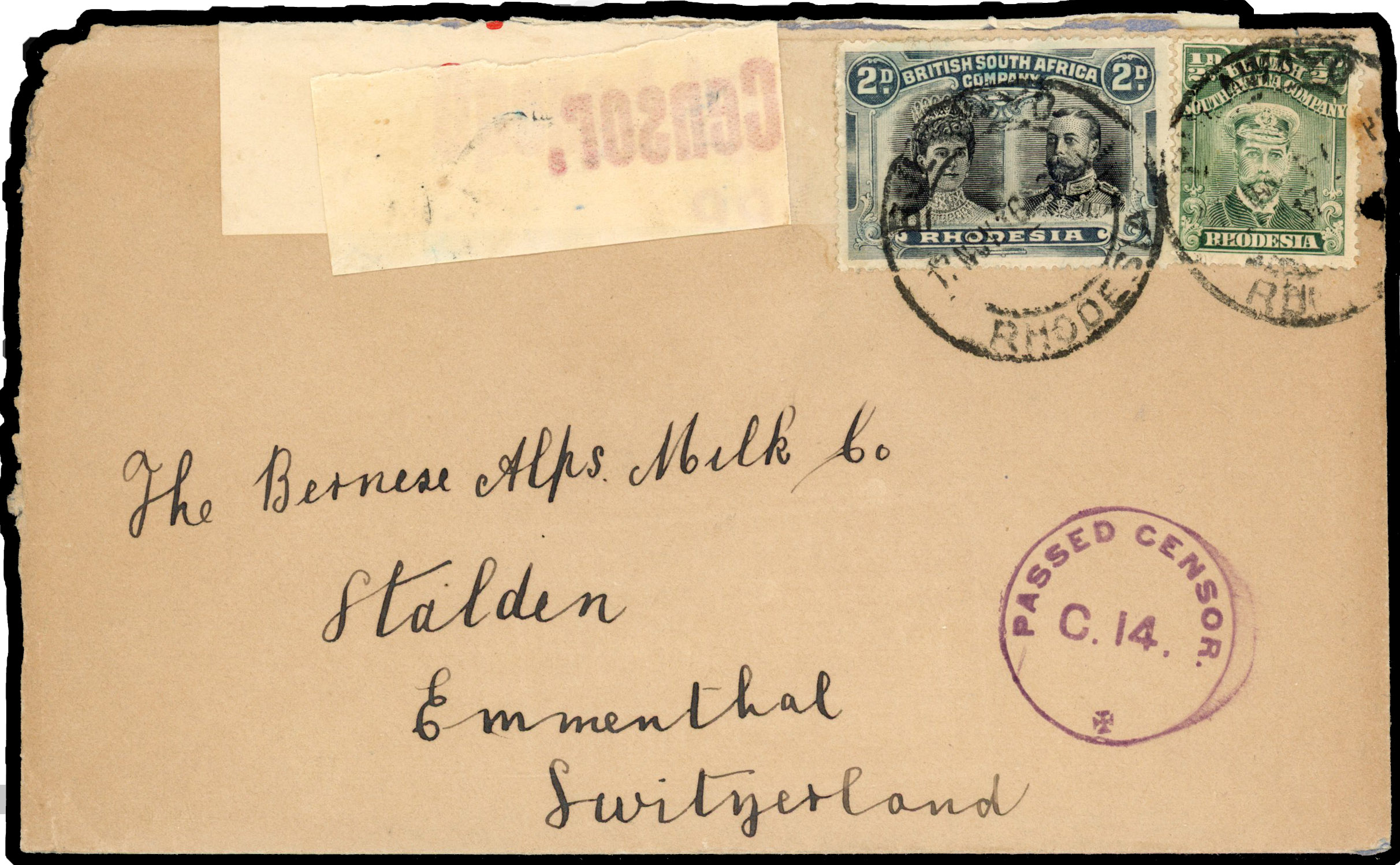 Rhodesia 1916 censored cover from Bulawayo to Switzerland