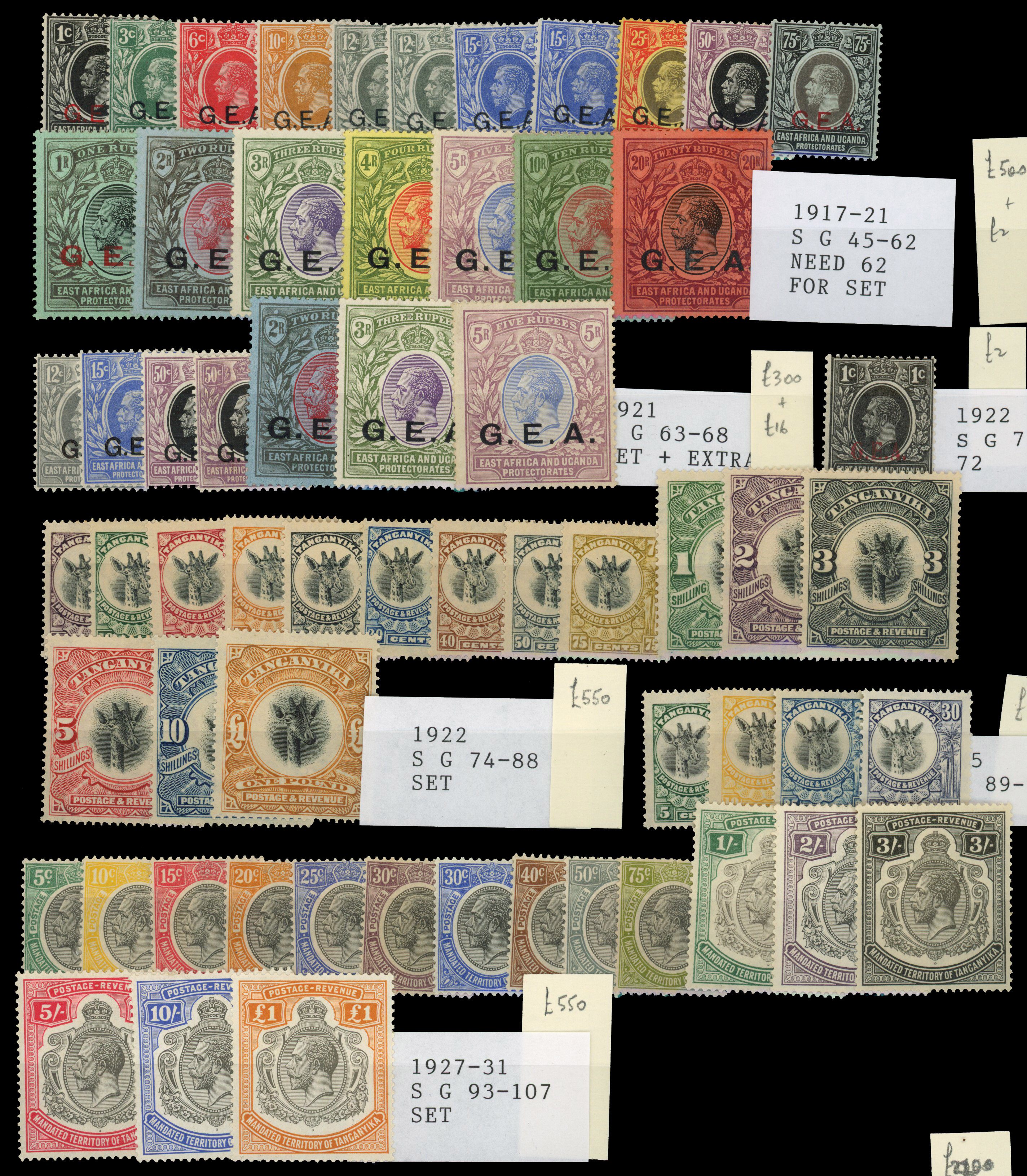 Tanganyika: Mint on card including 1917 to 20r, 1921 to 5r, 1922 to £1, and 1927 to £1. Mainly good to fine. (61) SG 45/107