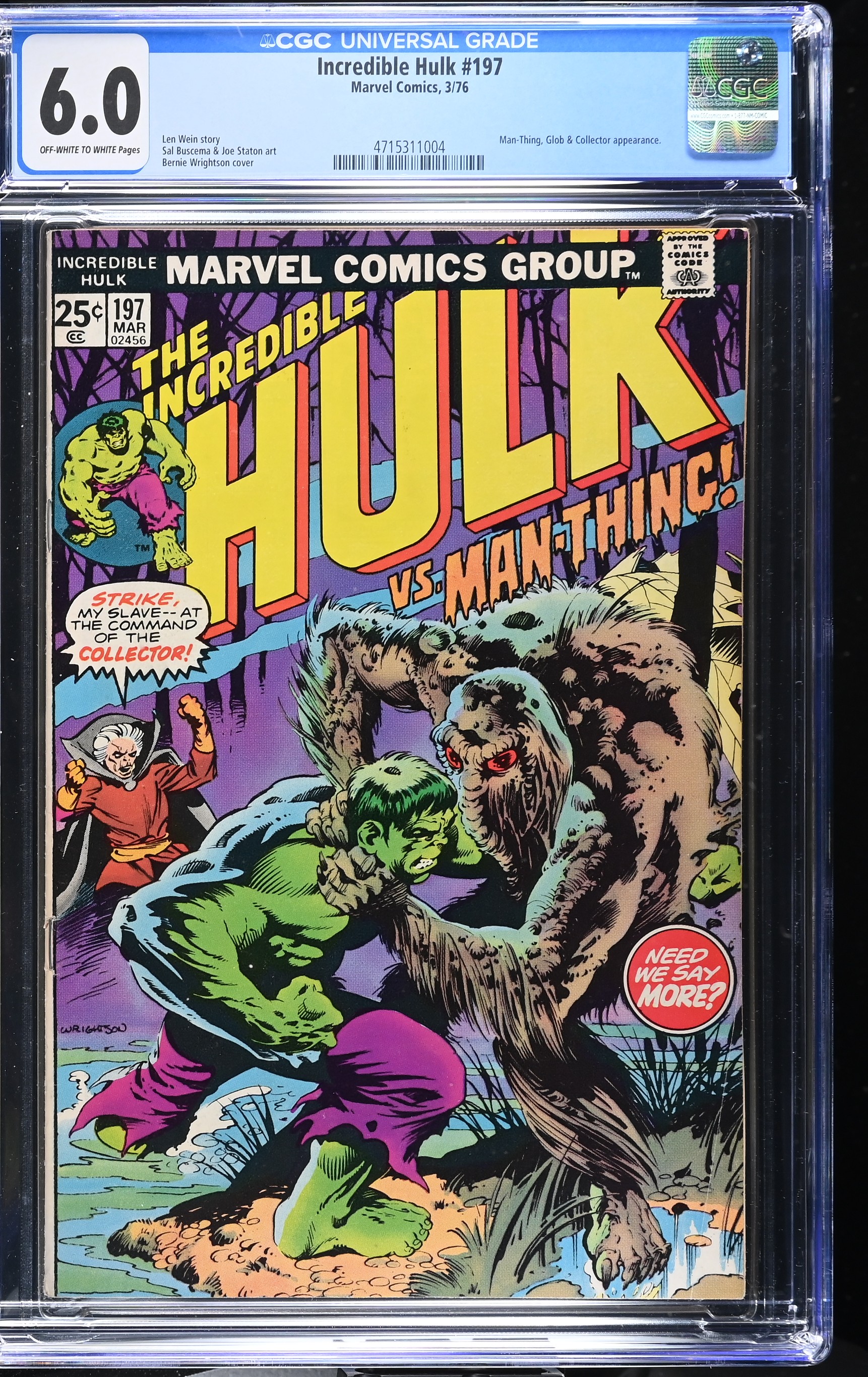 Incredible Hulk #197 CGC 7.0 Hulk Vs. Man-Thing Cover by Bernie Wrightson (Marvel Comics, 1976) Off-White to White Pages