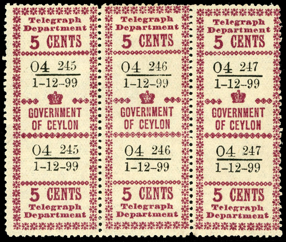 Ceylon Telegraphs SG T131d local issue strip of three mint 