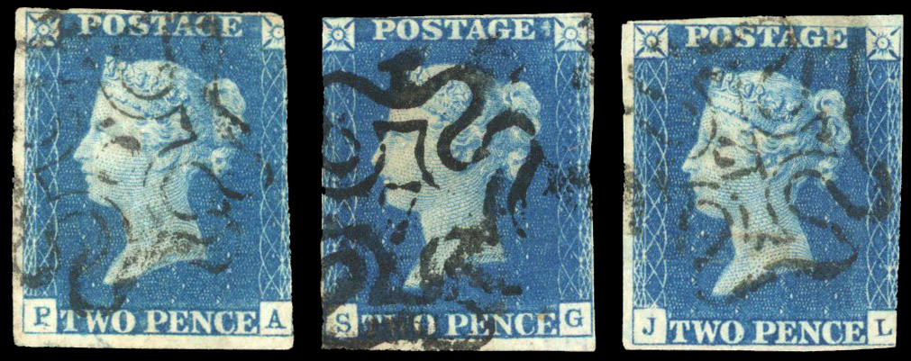 1840 2d Blue. Fine used group of three London numbers in cross