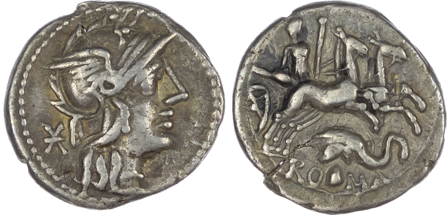 L. Caecilius Metellus Diadematus (128 BC) AR Denarius, Rome, 3.80g. Helmeted head of Roma facing right, mark of value
