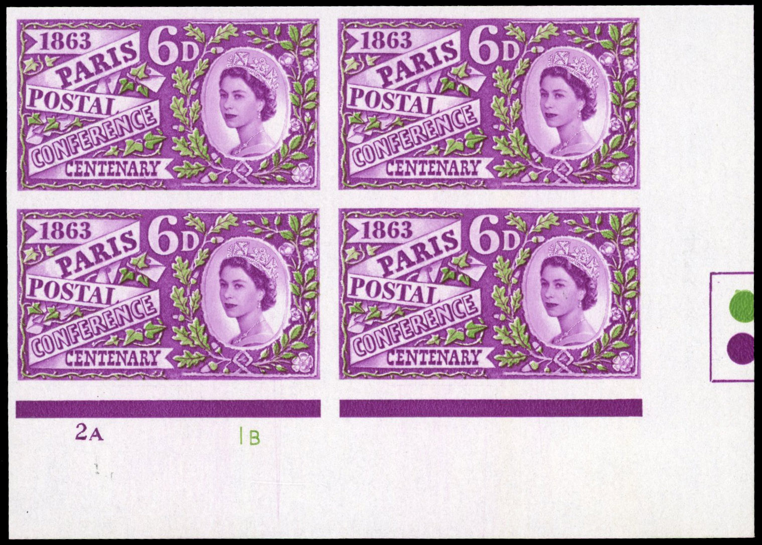 Great Britain 1963 6d Paris Postal Conference Centenary, Cylinder Block of Four, BPMA Imprimatur, SG 636