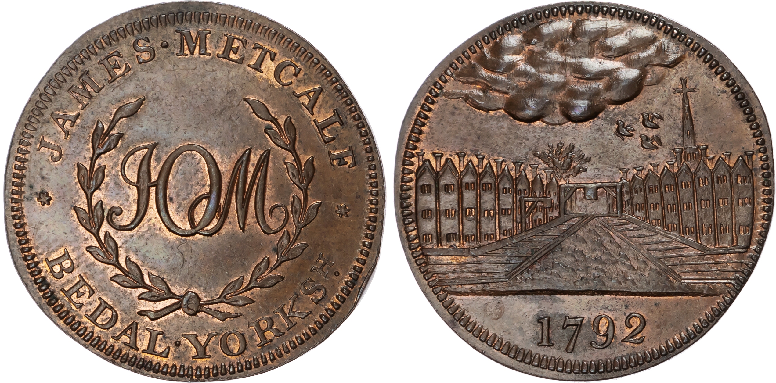 Yorks. Bedale, James Metcalf, Skidmore's Halfpenny 1792, View of a terraced street, church behind, rev . JOM c…