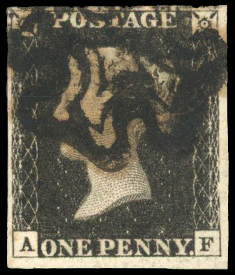 1840 1d Black Pl.6. (AF). Used watermark inverted