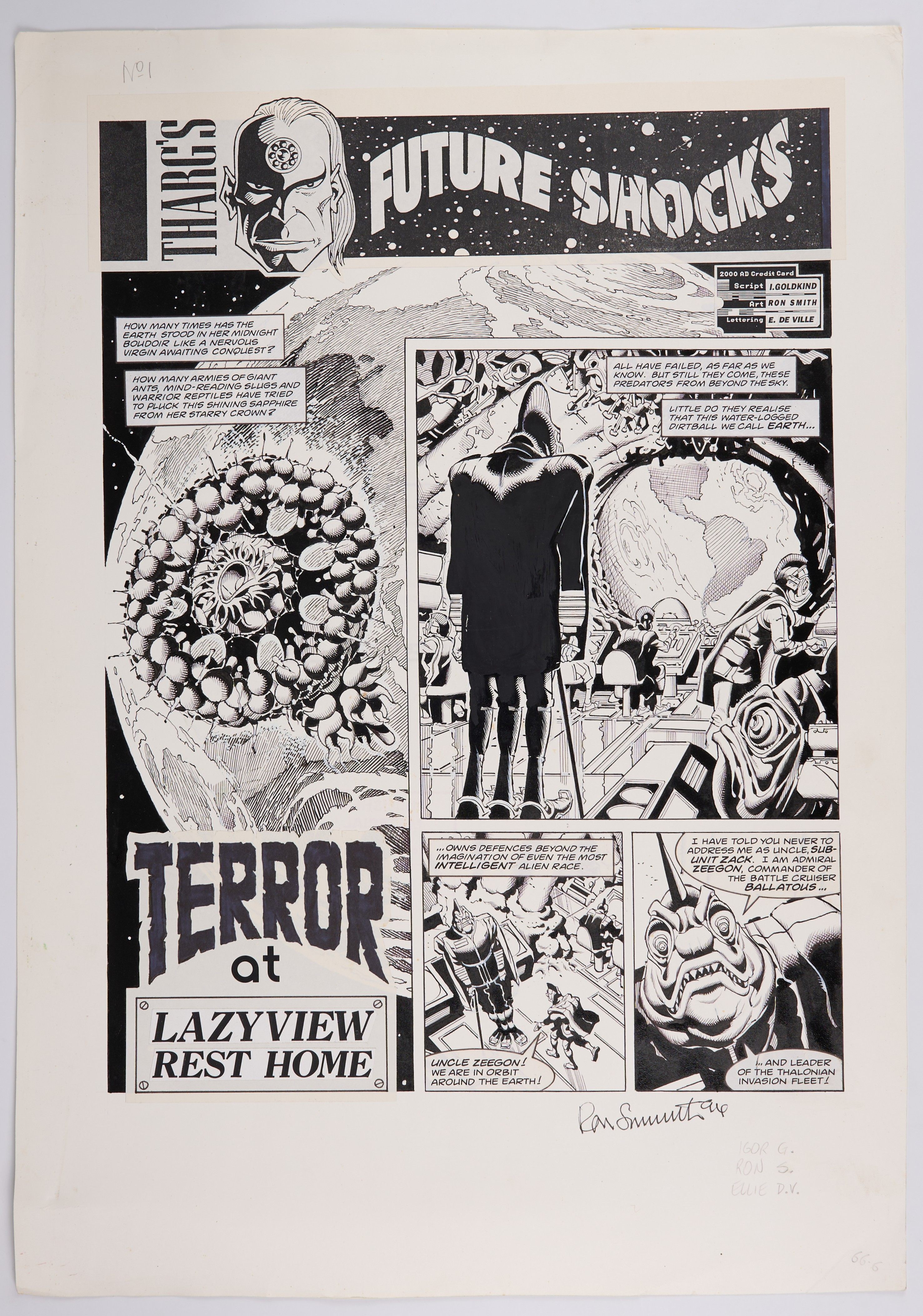 Ron Smith 2000 AD Prog #831 Tharg's Future Shock Full Ink Story Pages Signed (Fleetway, 1993) Total 5 Pages