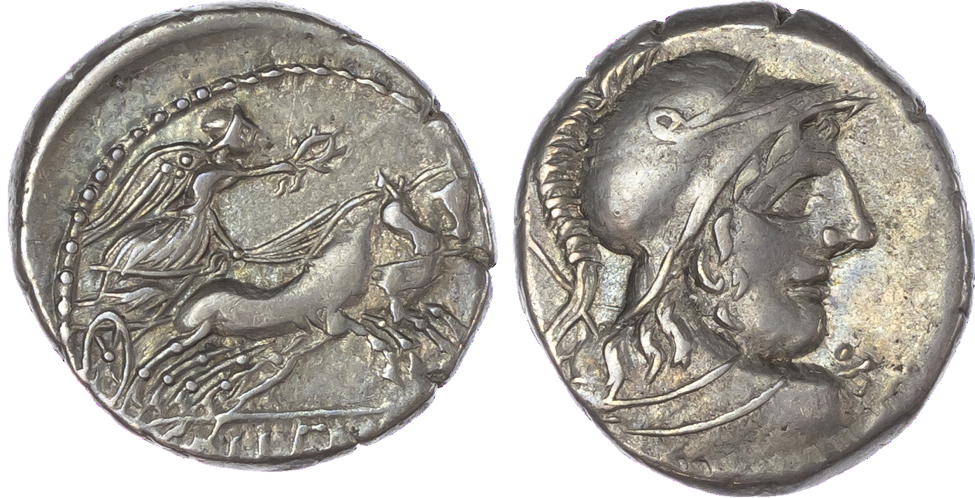 Cn. Lentulus Clodianus (88 BC) AR Denarius, Rome, 4.19g. Helmeted head of Mars facing right, holding parazonium over his