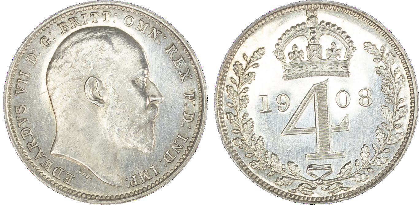 Edward VII (1901-10), Maundy Set, 1908, bare head right, DES raised below truncation for engraver G. W. De Saulles, legend