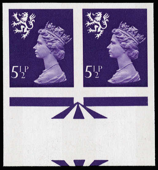 GB 1974 5½p Violet (Scotland, 2 bands). Superb unmounted o.g bottom marginal horizontal pair of imperfo… SGS21var