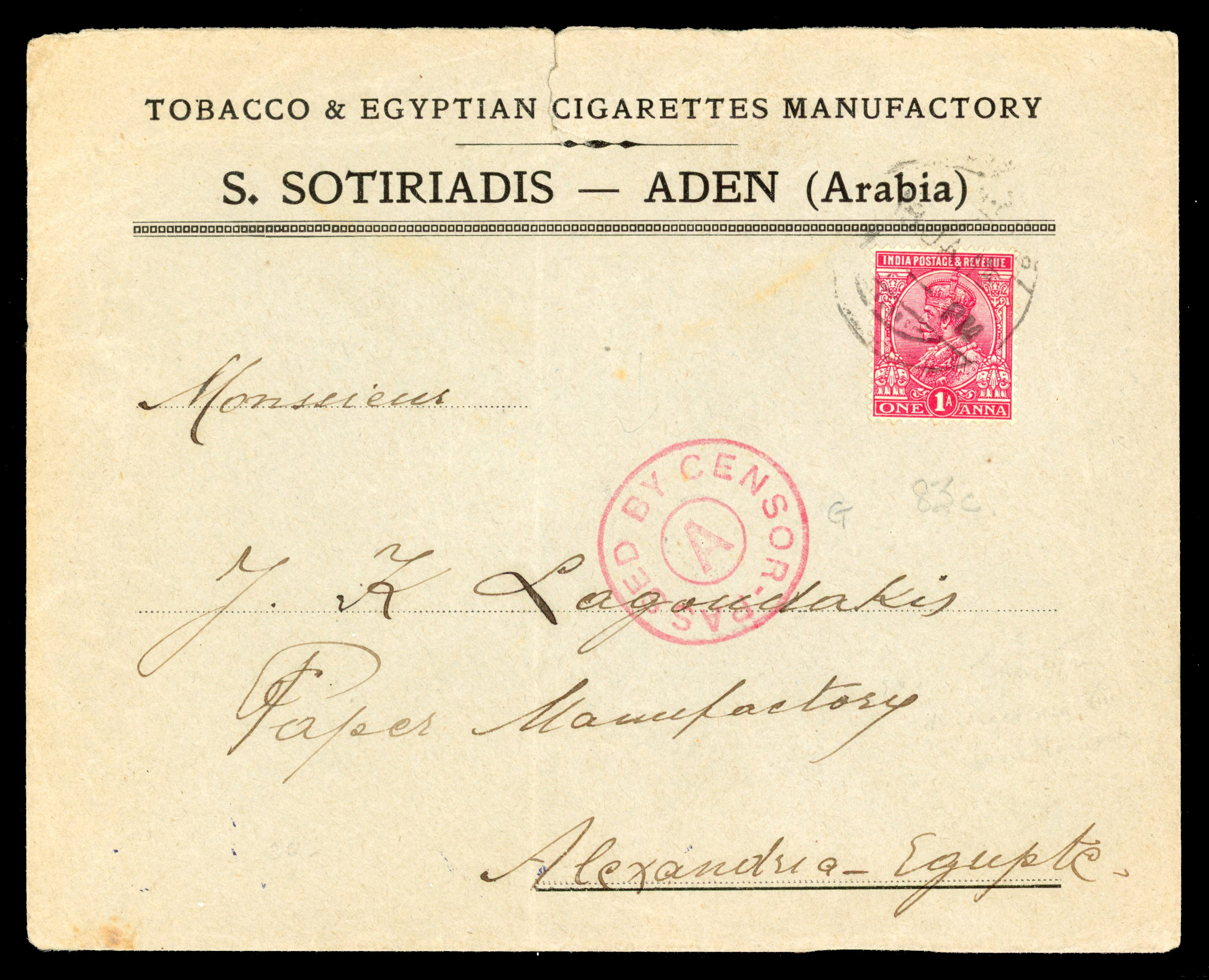 POSTAL HISTORY: 1913 printed censored cover to Egypt, with 1a red tied “ADEN/19 Jan15” cds, unrecorded