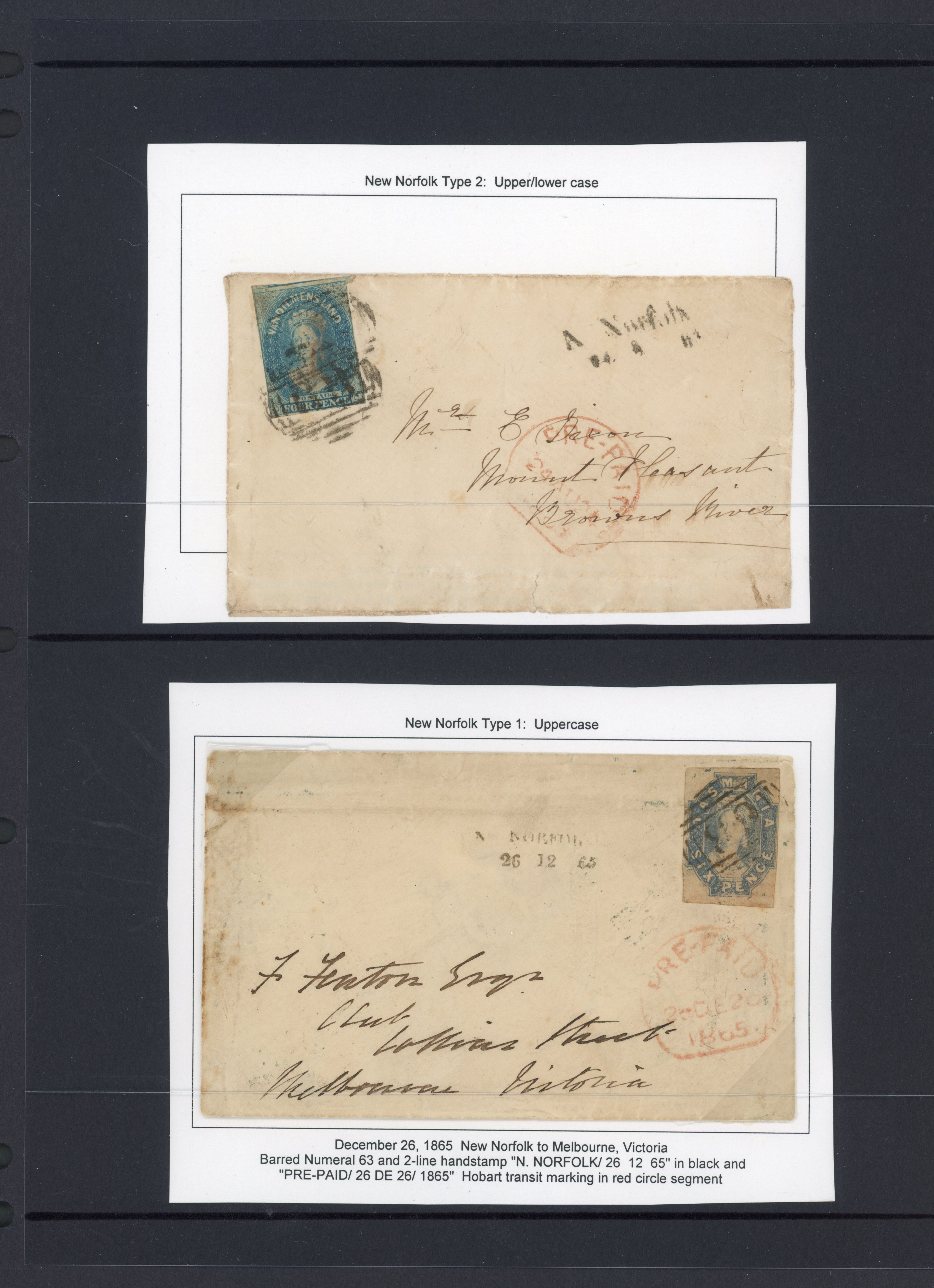 Tasmania 1863 and 1865 New Norfolk front and cover