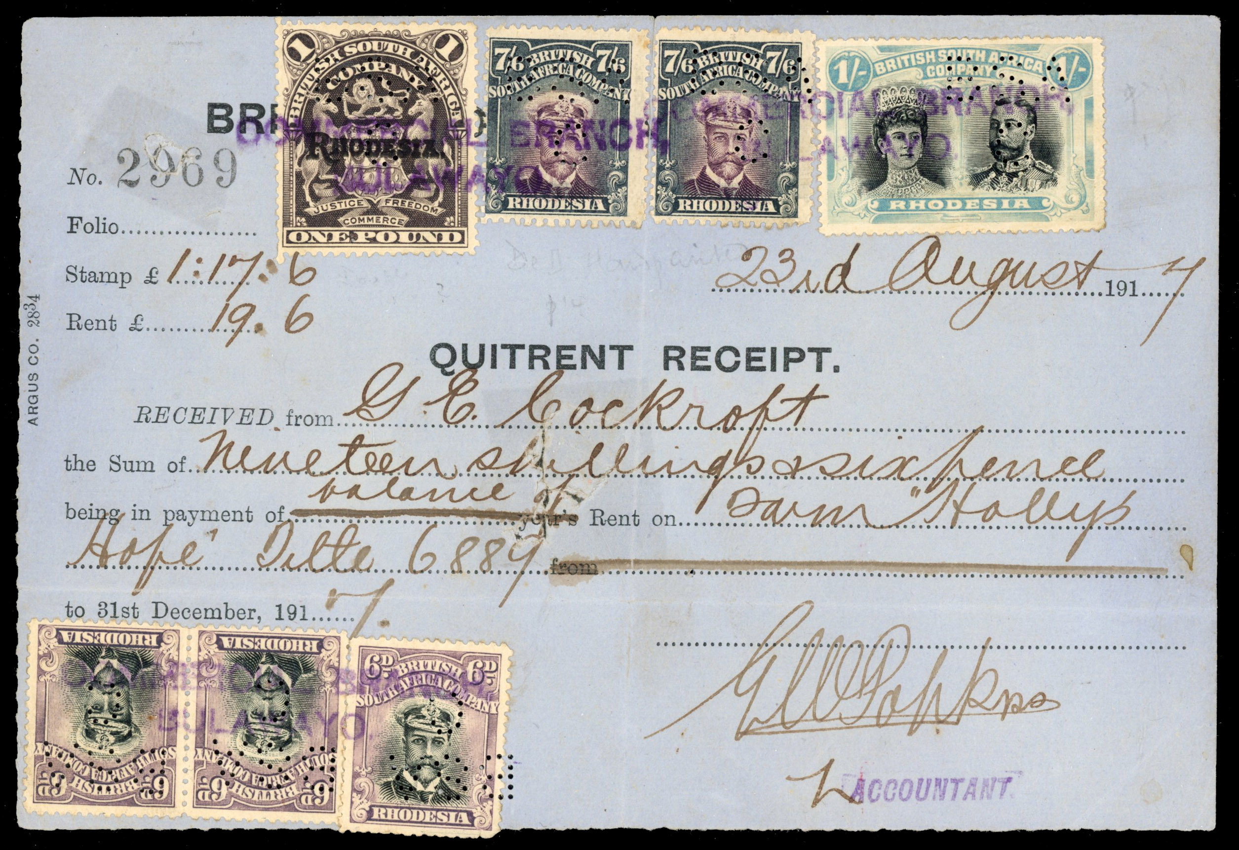 Rhodesia 7/6d Revenue use on Quitrent Receipt