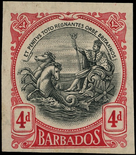 Barbados 1918-20 4d black and red, imperforate plate proof, on gummed paper; light overall toning. Fine and rare. Bayley...
