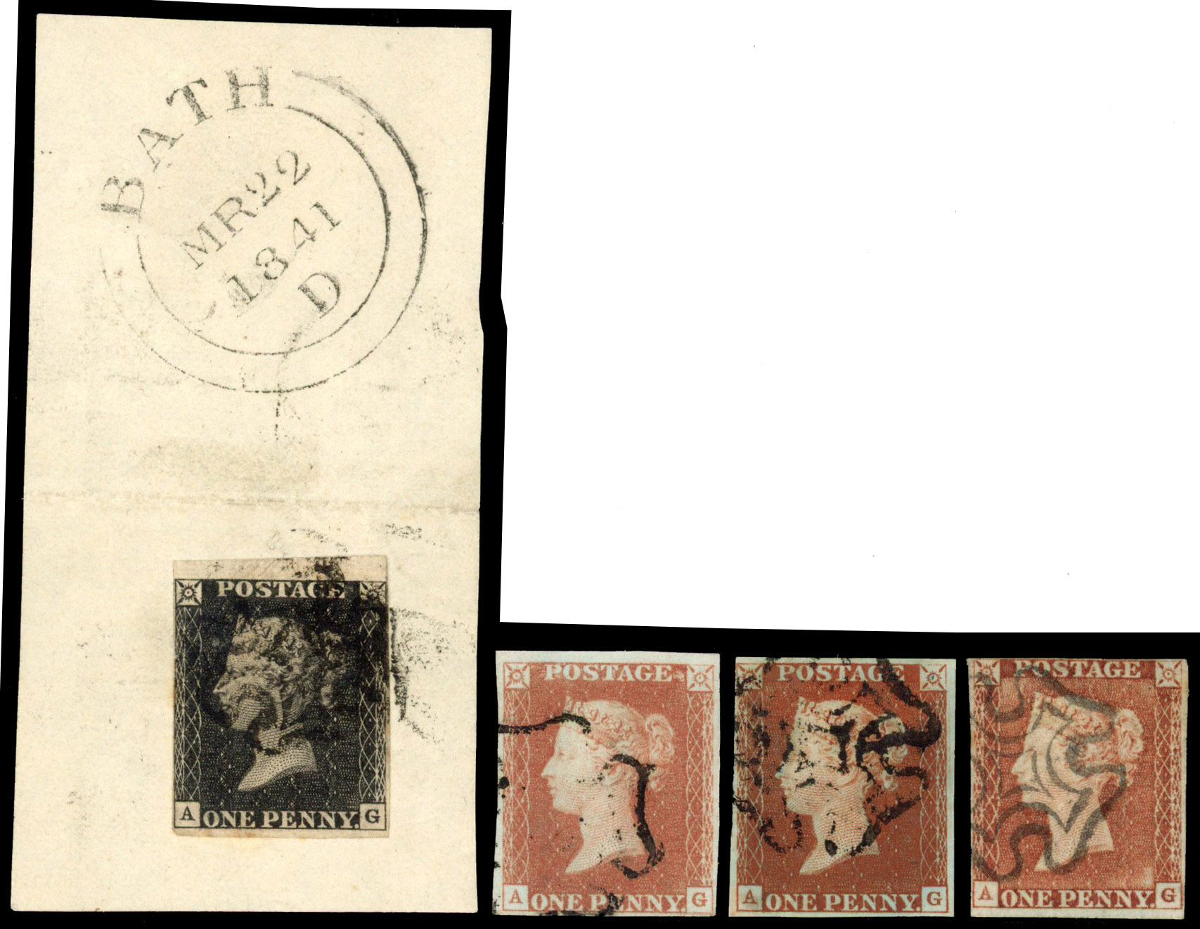 1840 1d Black Pl.11 state I & red-brown States I, II & III. Used group