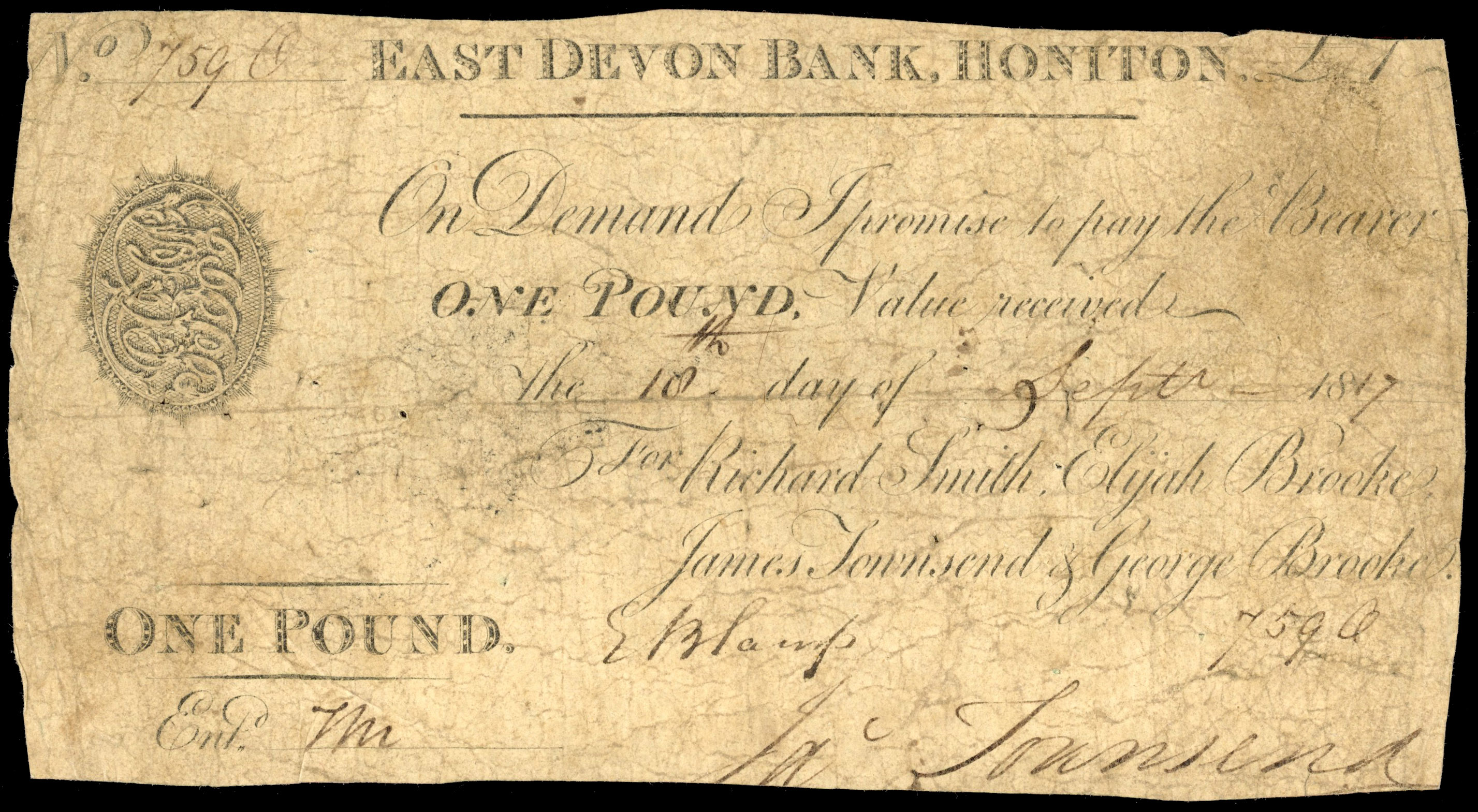 HONITON, East Devon Bank, for Richard Smith, Elijah Brooke, James Townsend & George Brooke, £1.,10 September 1…