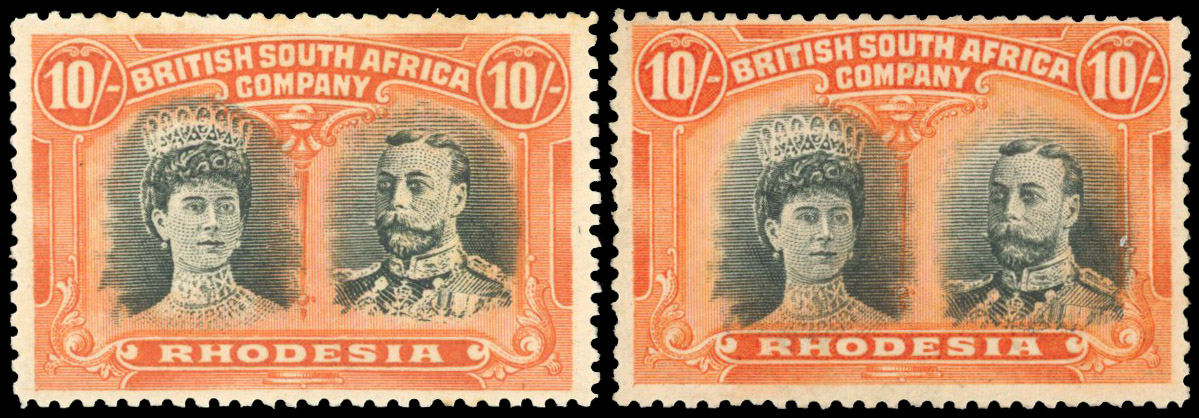 Rhodesia 1910-13 10s perf 14 x2