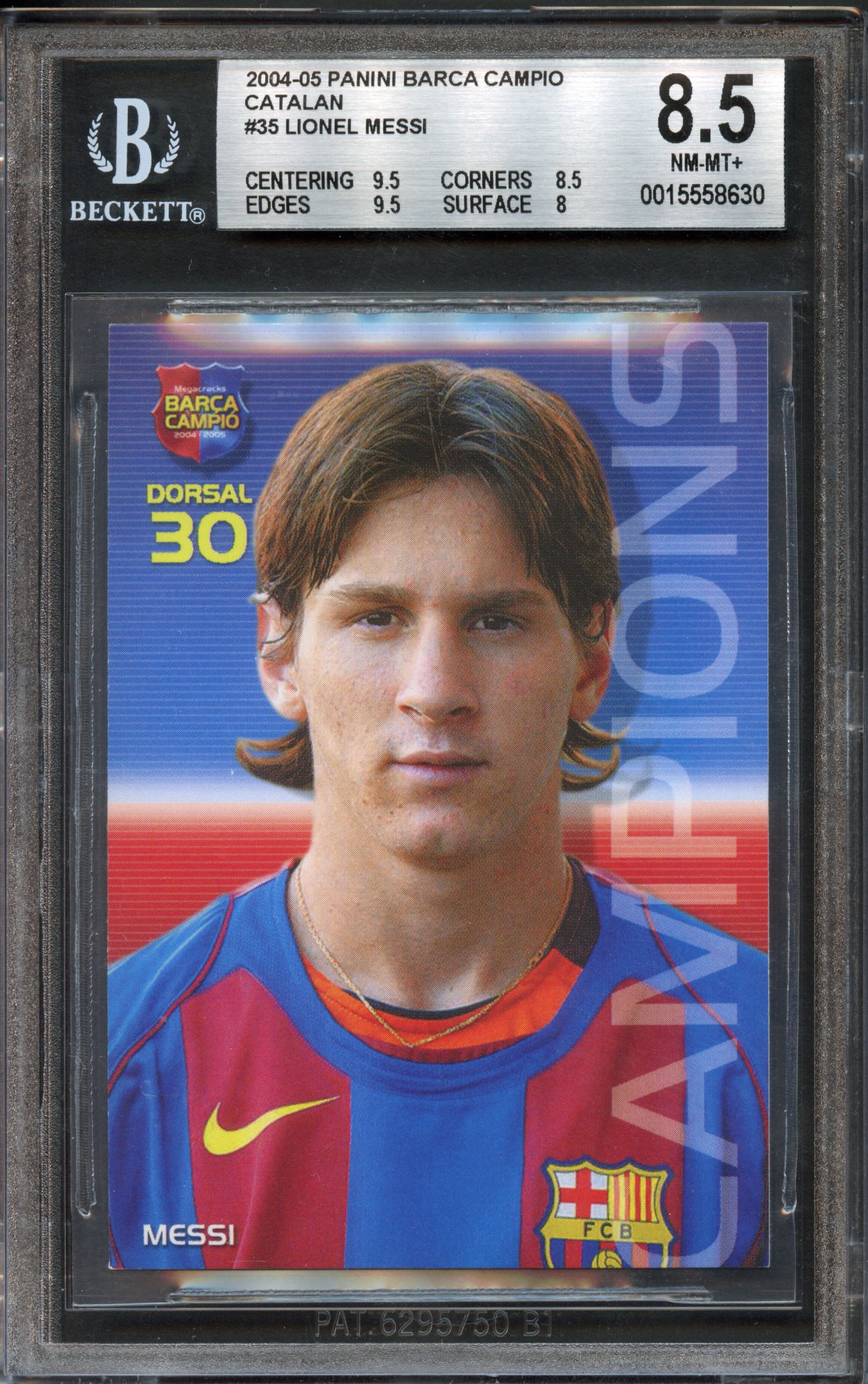 <p>BGS 8.5 2004 Lionel Messi #35 ROOKIE Panini Barca Campio</p>