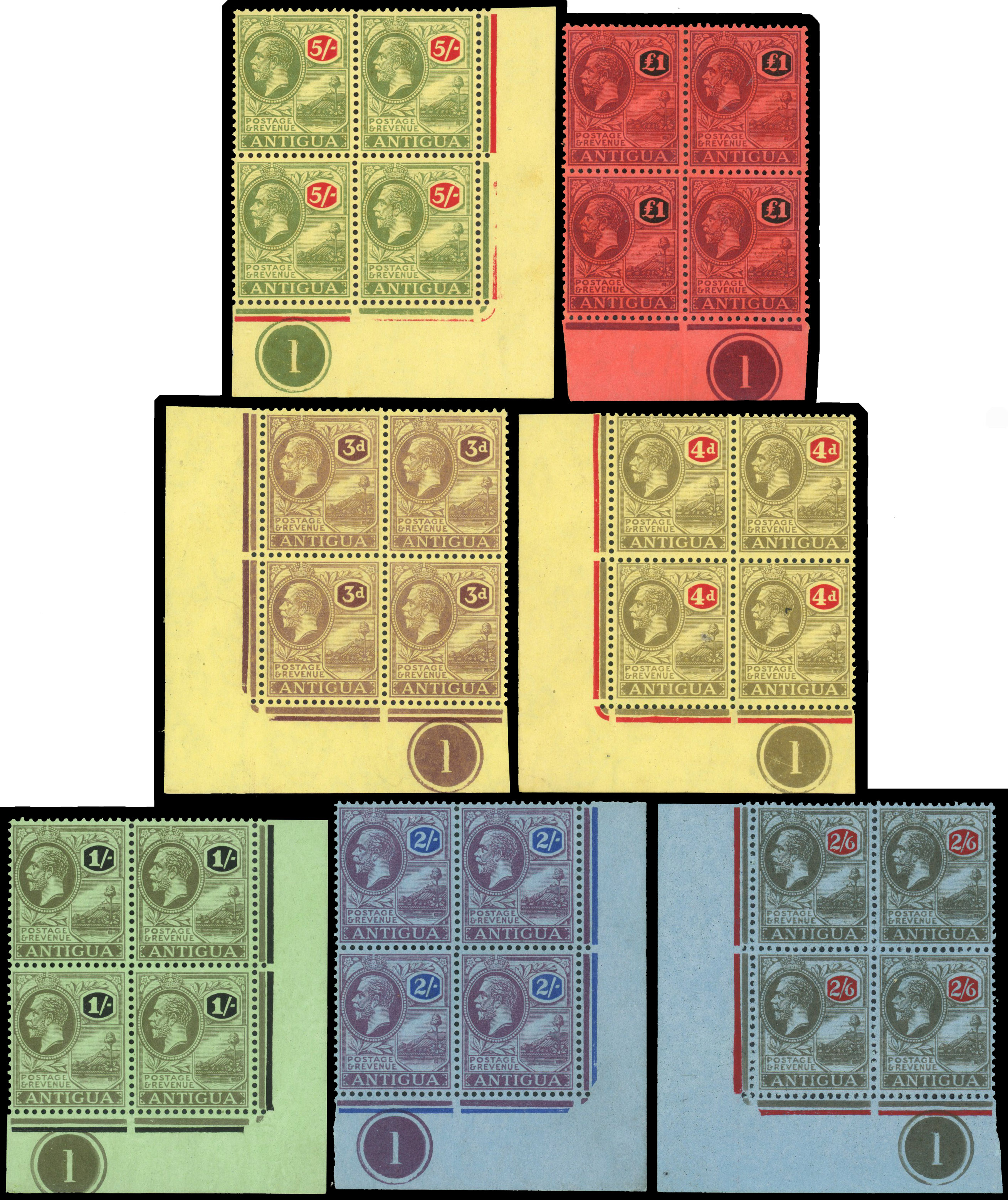 Antigua 1921-29 set of 7 to £1, wmk MCA PLATE BLOCKS Mint