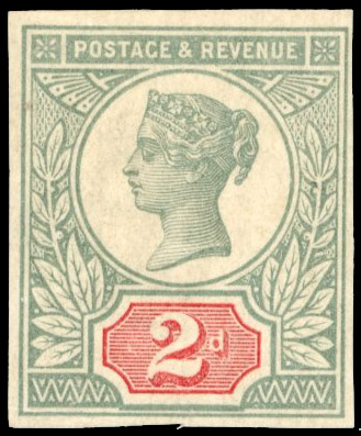 GB 1887-92 2d green and scarlet, imperforate imprimatur, For SG 199