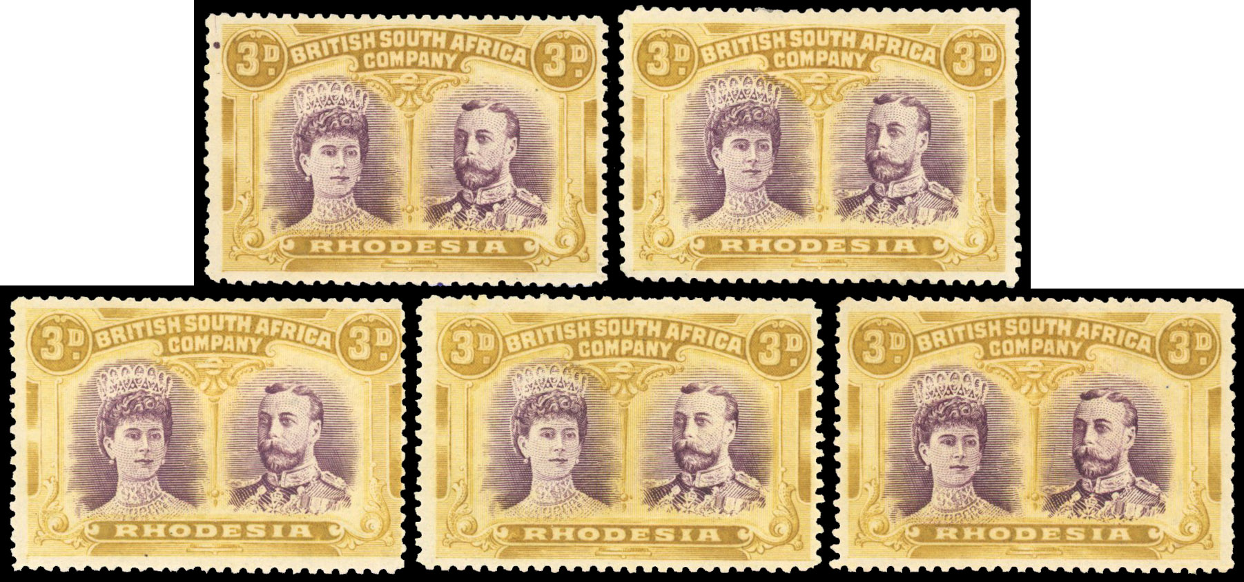 † 3d purple and yellow-ochre SG 135, group mint