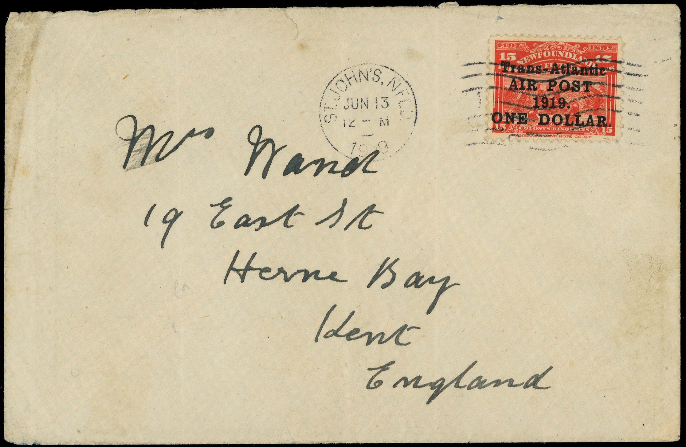 Newfoundland 1919 Trans-Atlantic Air Post $1 on 15ct bright scarlet flown cover SG...
