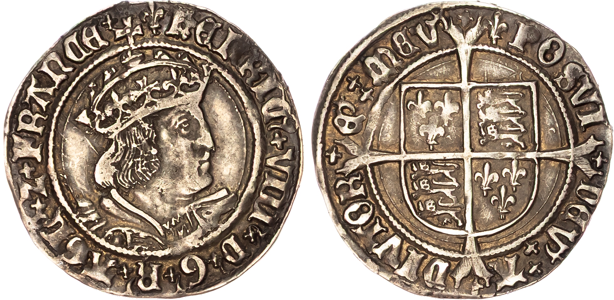 Henry VIII (1509-1547) Groat, second coinage, Laker bust D, mintmark lis (1509-26) both sides.