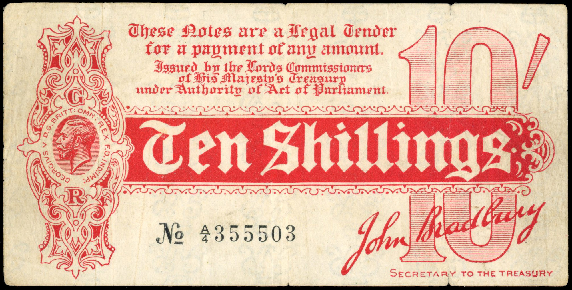 Treasury, J. Bradbury, (first issue), Ten Shillings, Aug. 1914, A/4 355503. (Dugg. T9). Several crease marks v…