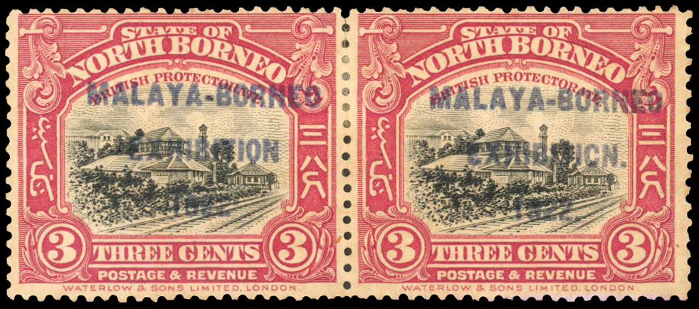 North Borneo 1922 MBE 3c pair variety Raised stop and EXHIBITICN with stop se-tenant