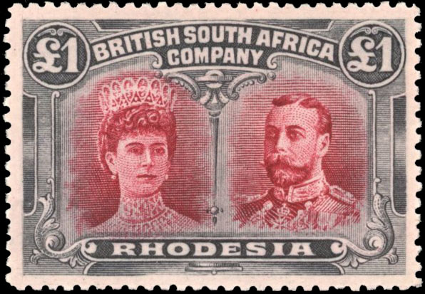 Rhodesia SG 166a,var £1 crimson-lake and blue-black RSC 'D' mint
