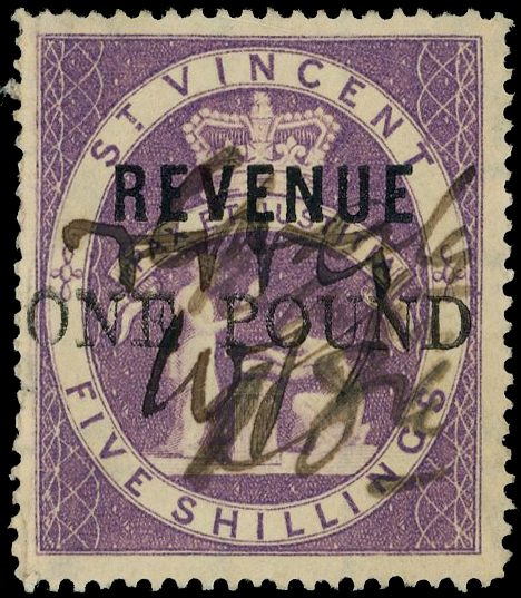 St Vincent Revenue 1887-95 ONE POUND on 5s lilac (25mm surcharge)