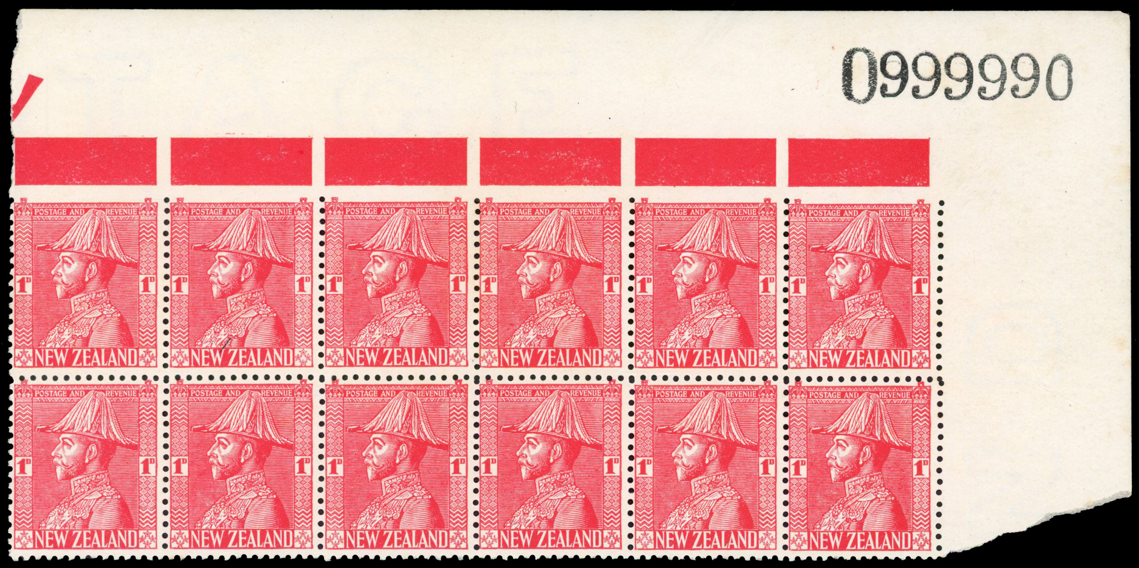 New Zealand SG 468 var 1926-30 1d block of 12 imperf between stamps and margin mint