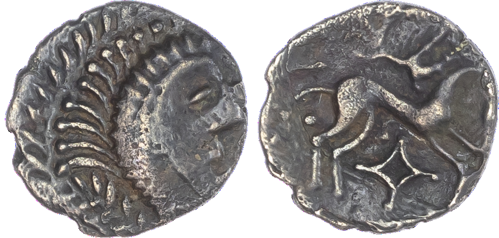 Iceni (c. 20 BC-AD 10) AR Unit, ‘Norfolk God Small Head’ type, 0.89g. Stylised head facing right, oval eye, dashed hair and