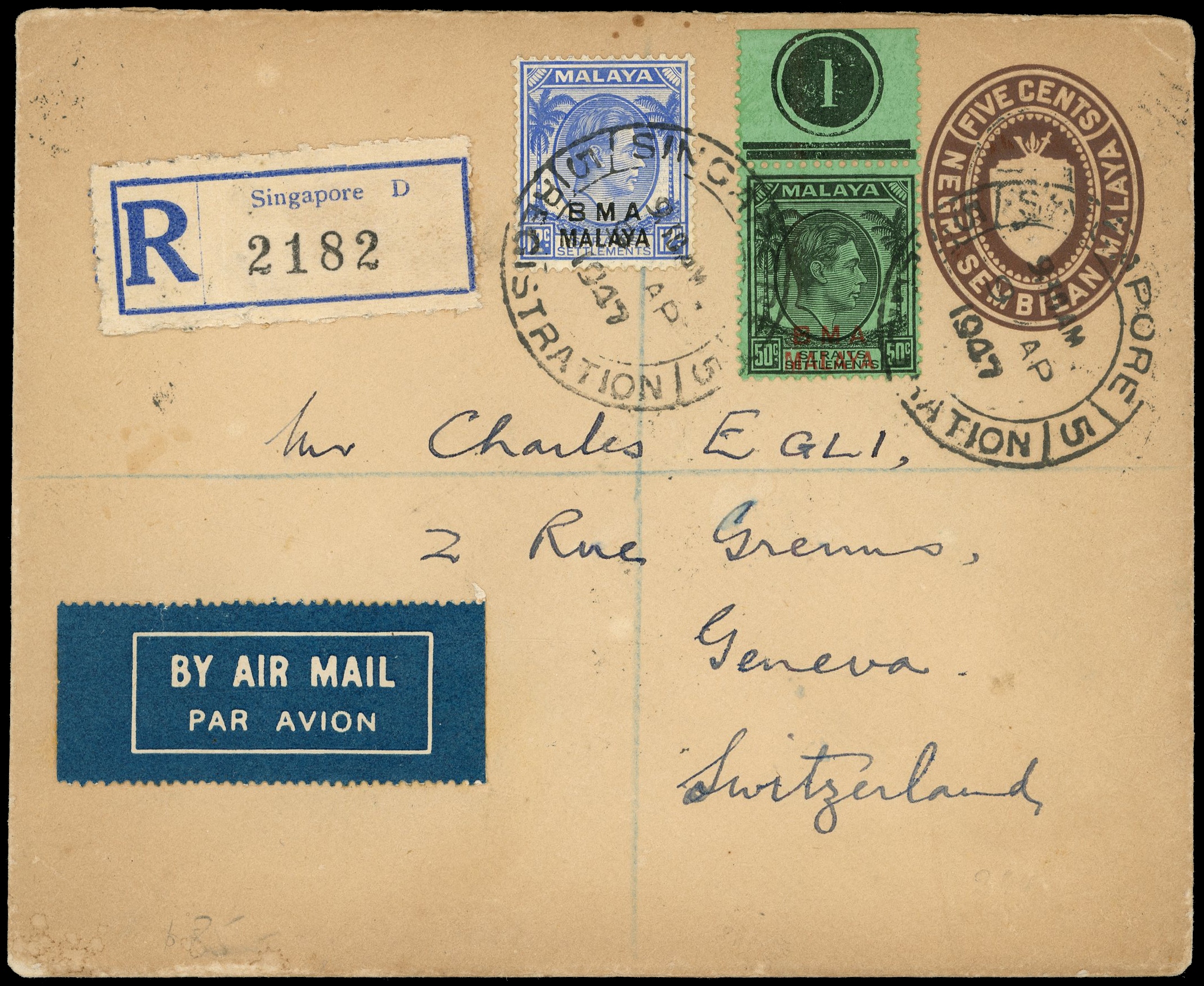 Malaya BMA 5c Negri Sembilan PS envelope used with BMA stamps