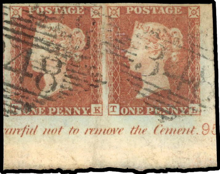 1841 1d Red-brown Pl.95. Used bottom right hand corner marginal horizontal pair 