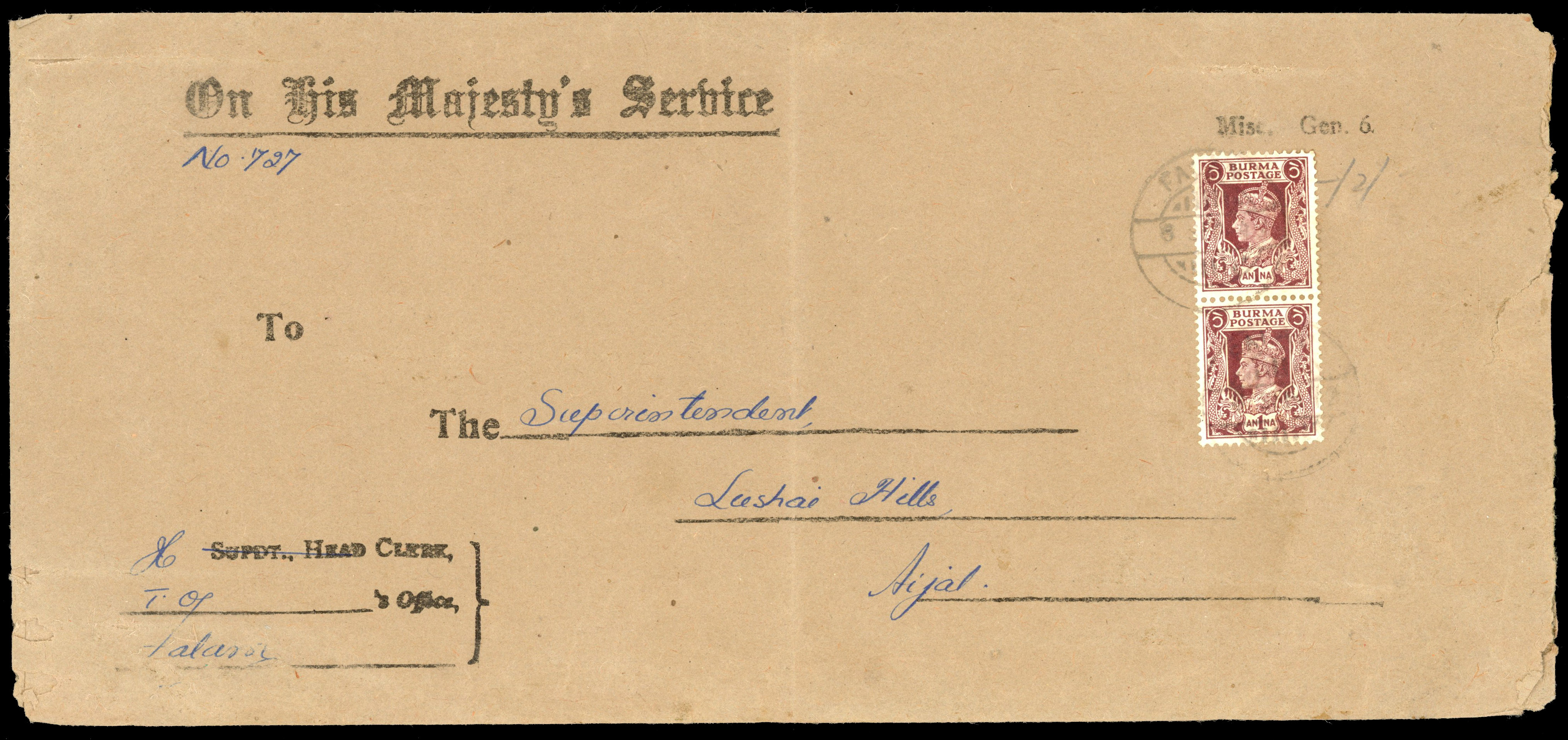 Burma to India Land route WW2 Chin Hills Runner post Falam to Aijal cover 