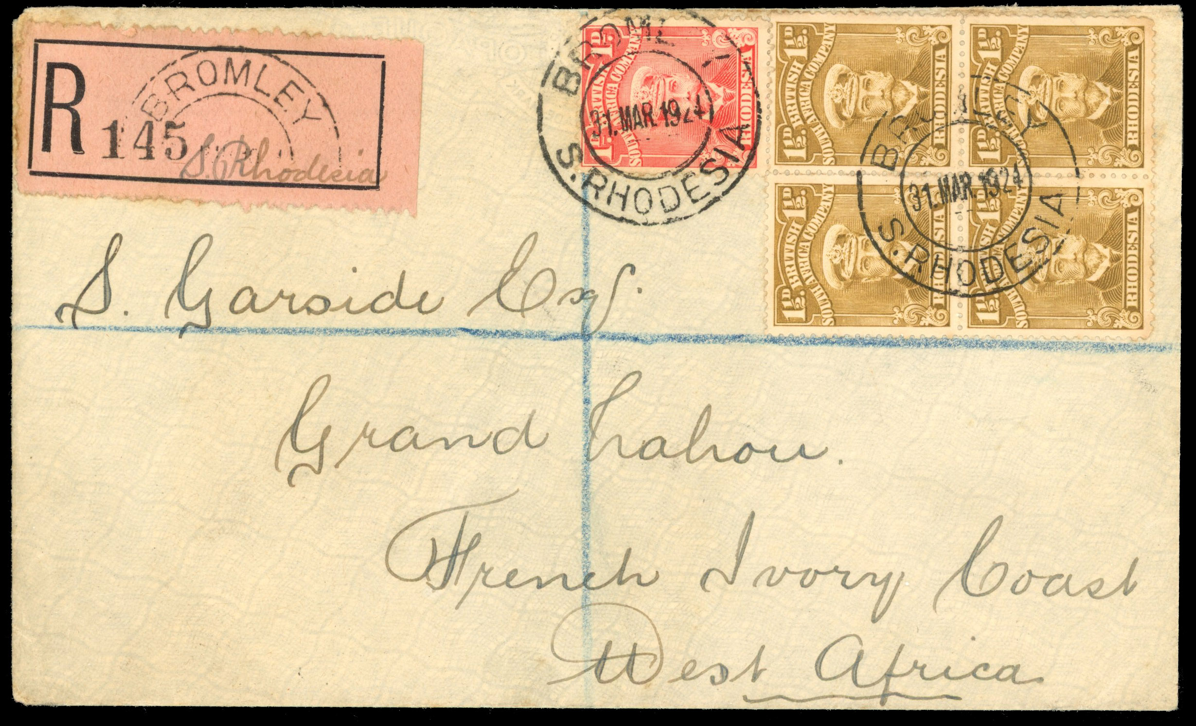 Rhodesia 1924 'last day' registered cover to French Ivory Coast