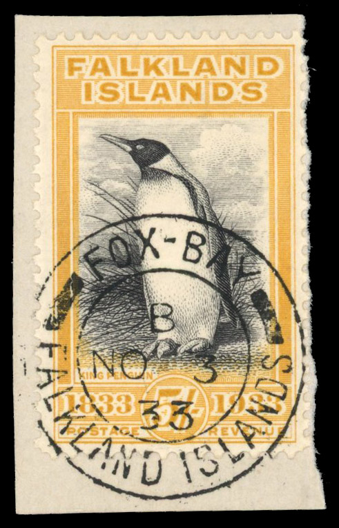 SG 136 1933 Centenary 5/- used at Fox Bay