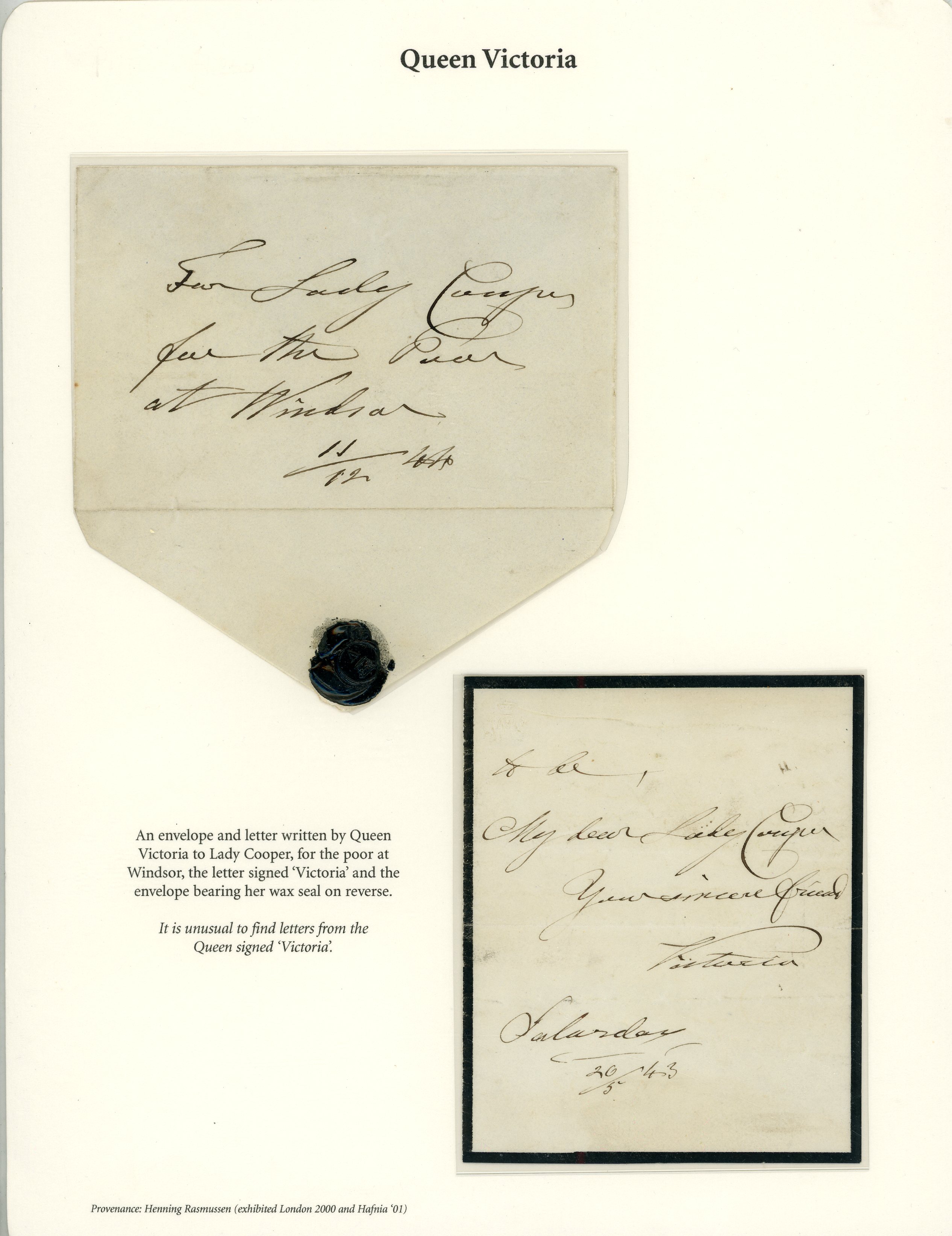 1843 envelope and letter written in Queen Victoria's hand to Lady Cooper, 'for the poor at...