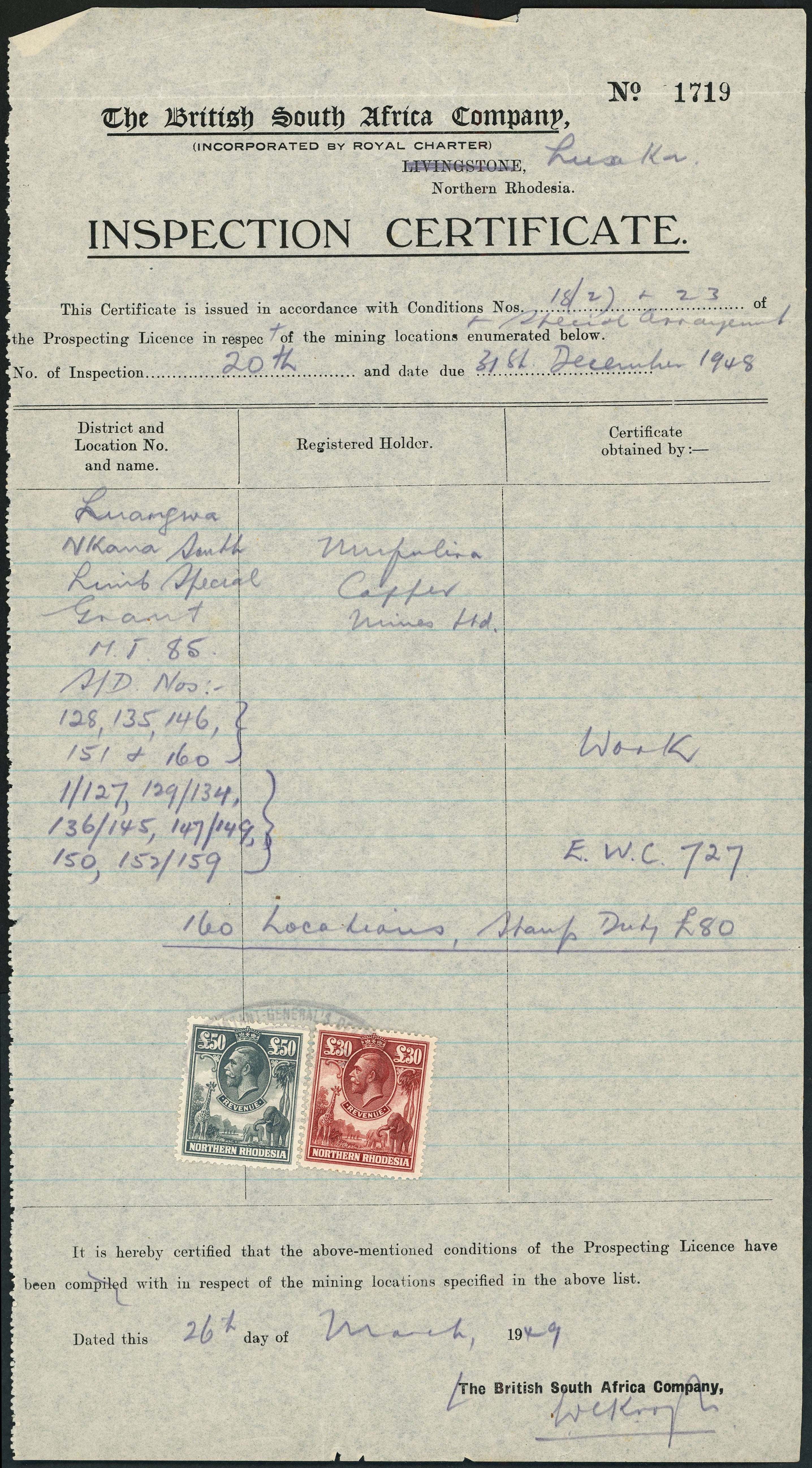 Pair of inspection certificates dated 1946 and 1948,...