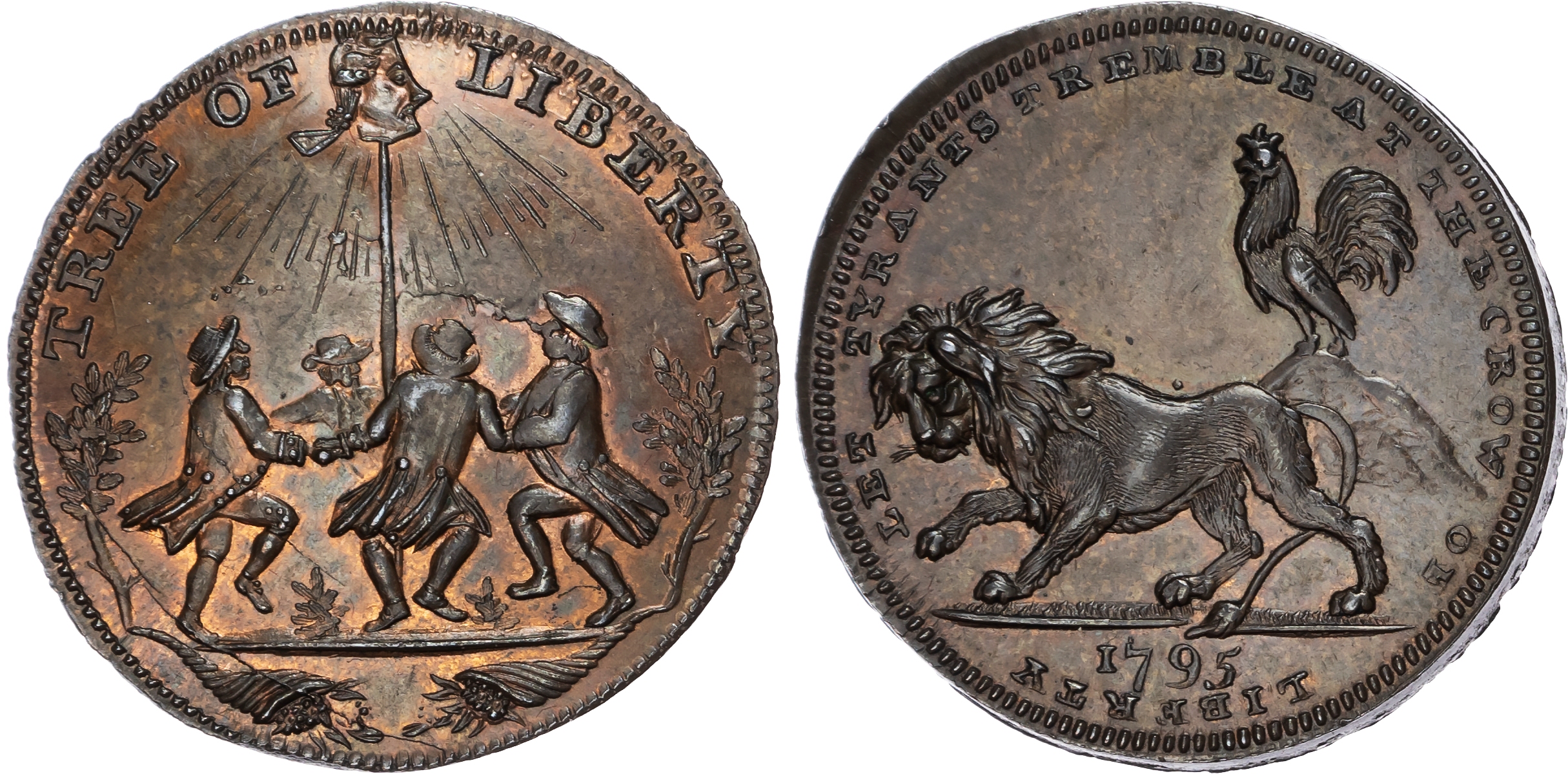 London, Holborn, Thomas Spence Halfpenny 1795, Four men dancing around a pole with a severed head on top (Walp…