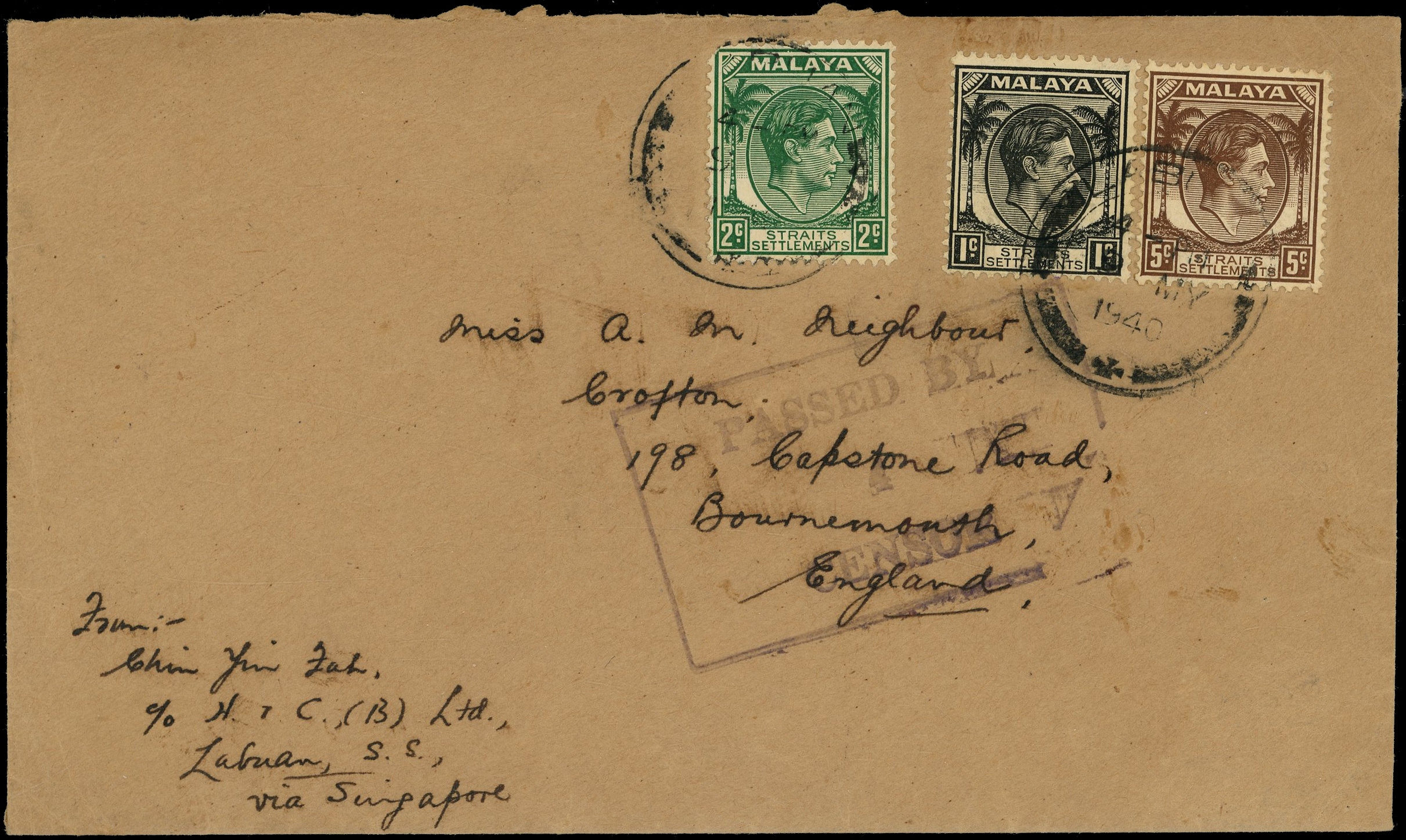 North Borneo; Labuan 1941 cover with Straits adhesives