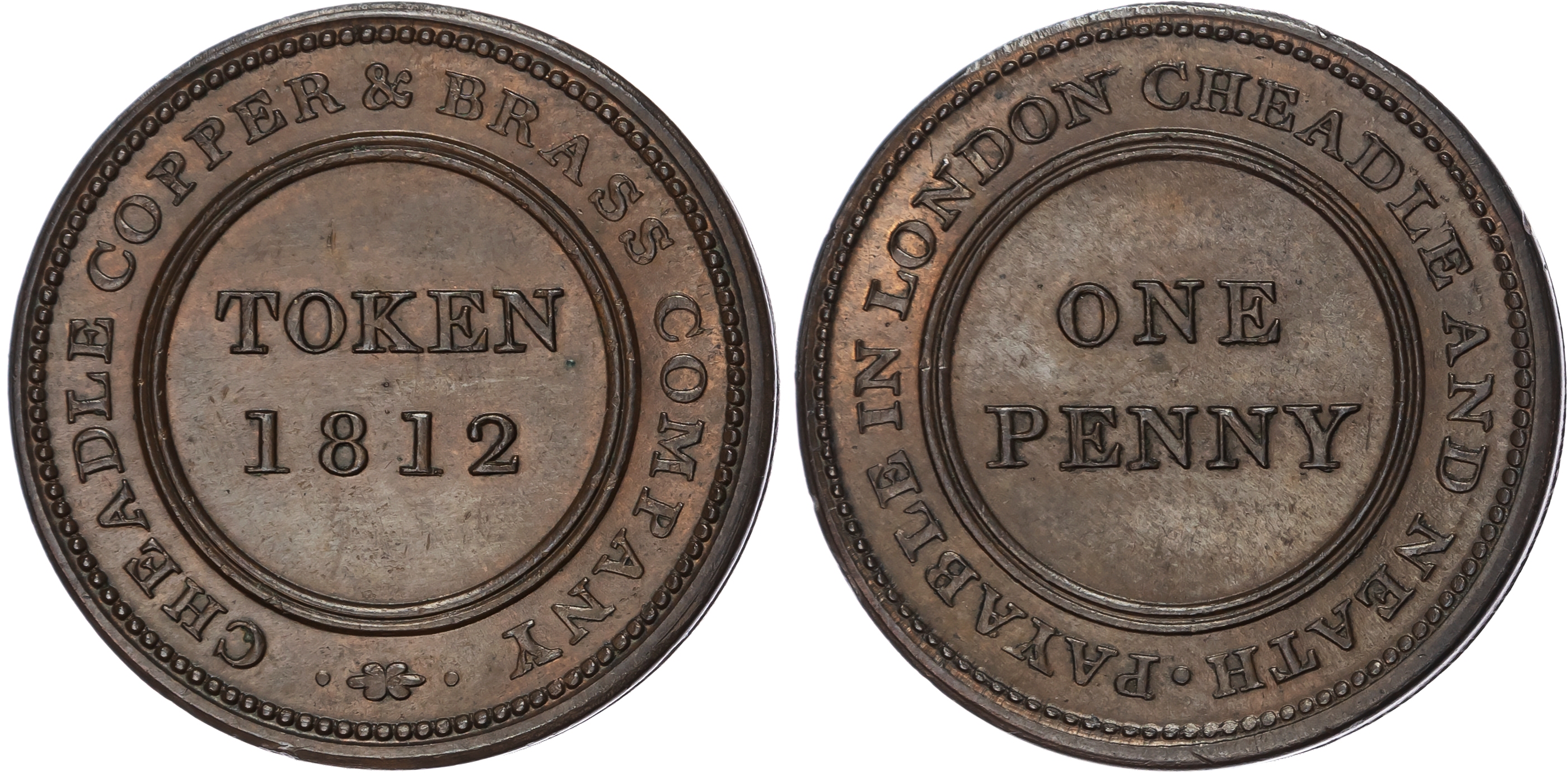 CHEADLE, Staffs . Patten Family’s copper & brass smelting works Penny 1812, 2-line legend, rev. edge central g…