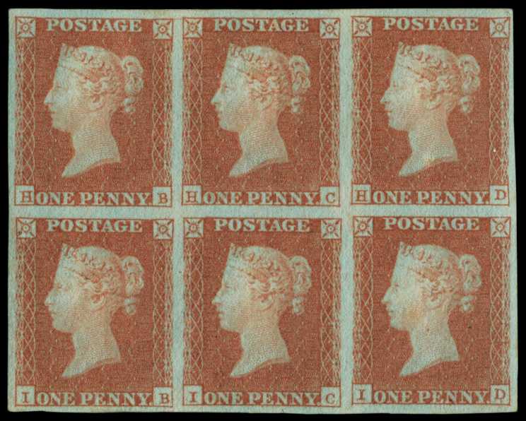 1841 1d Red brown "Archer" Pl.93. Very fine and fresh unused o.g. four margin block of six lettered HB-ID, couple of tiny...